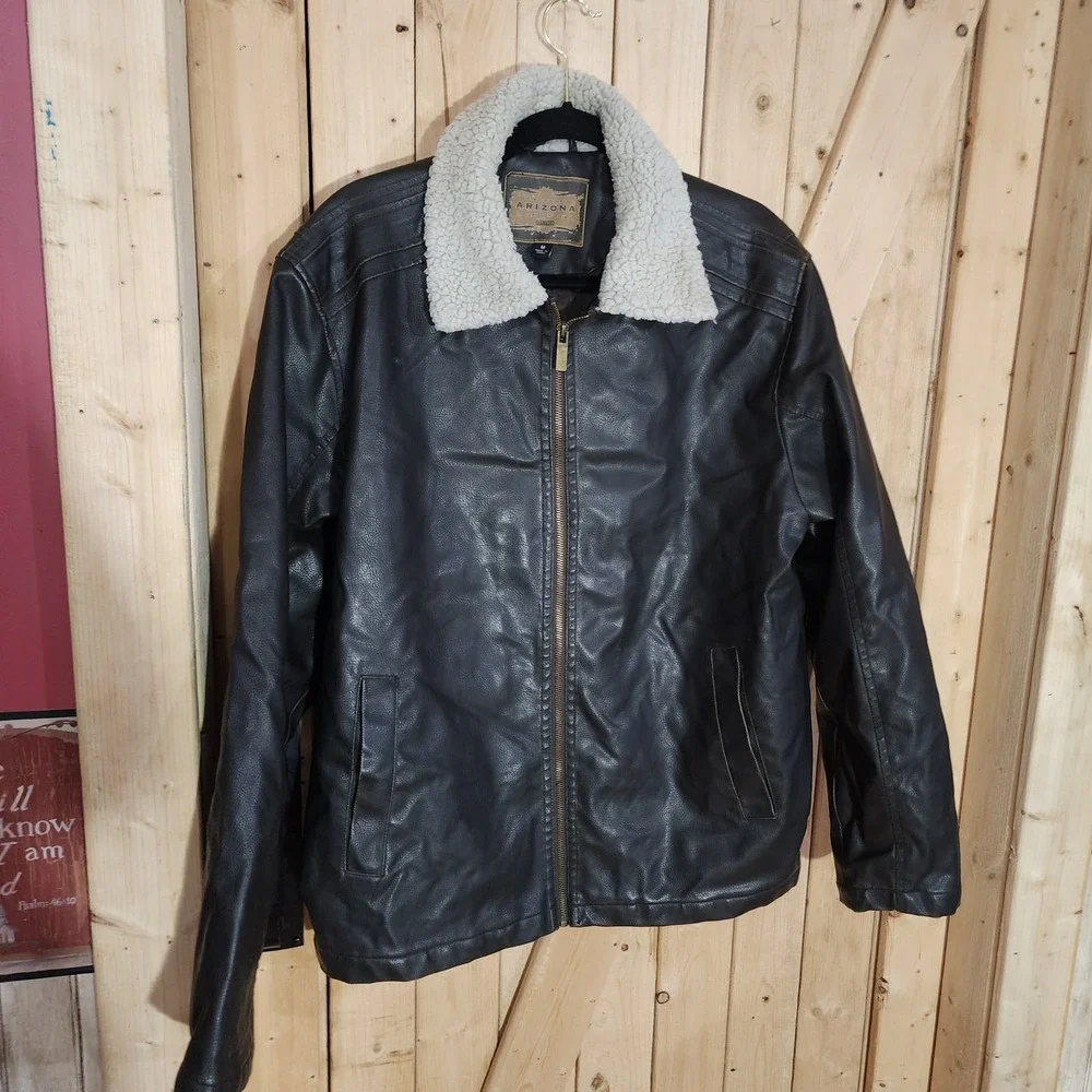 Arizona Jean Company Mens Black Faux Leather Sherpa Collar Bomber Jacket M y2k